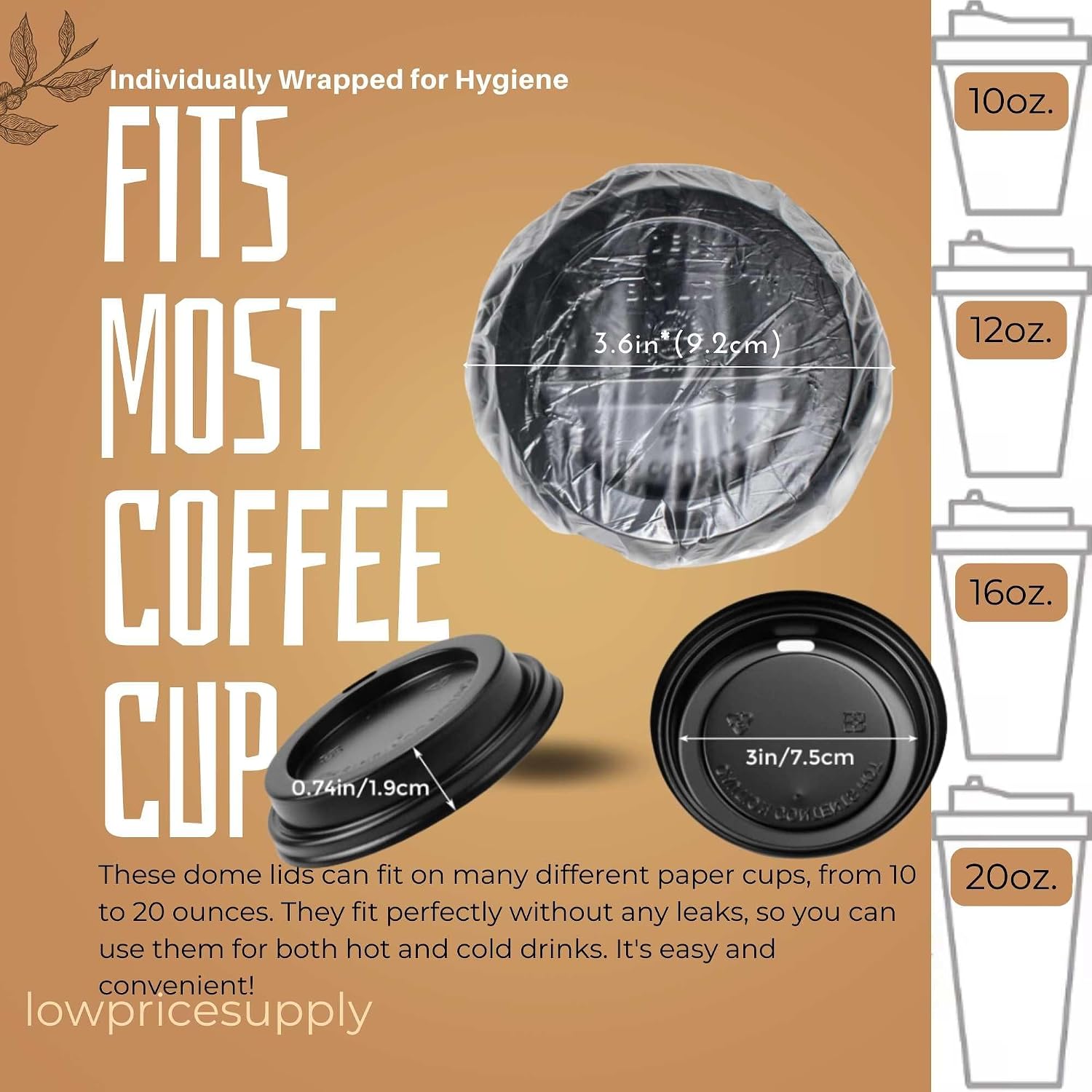 Coffee Cups Sipper Dome Lids fits 10 oz, 12 oz, 16 oz, 20oz Hot Paper Cup Black To-Go Lid For Cafe, Hotel Motel Room, airbnb Host Disposable Wrapped Coffee Cup Lid