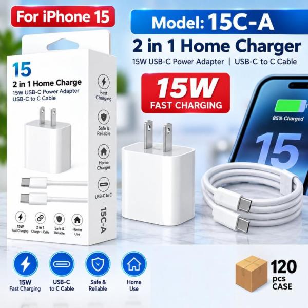 2 in 1 Home Charger - 15W USB-C Power Adapter with USB-C to C Cable